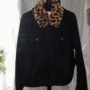 NEW Slink Jeans Black Denim Jean Jack w Removable Leopard Print Fx Fur Collar